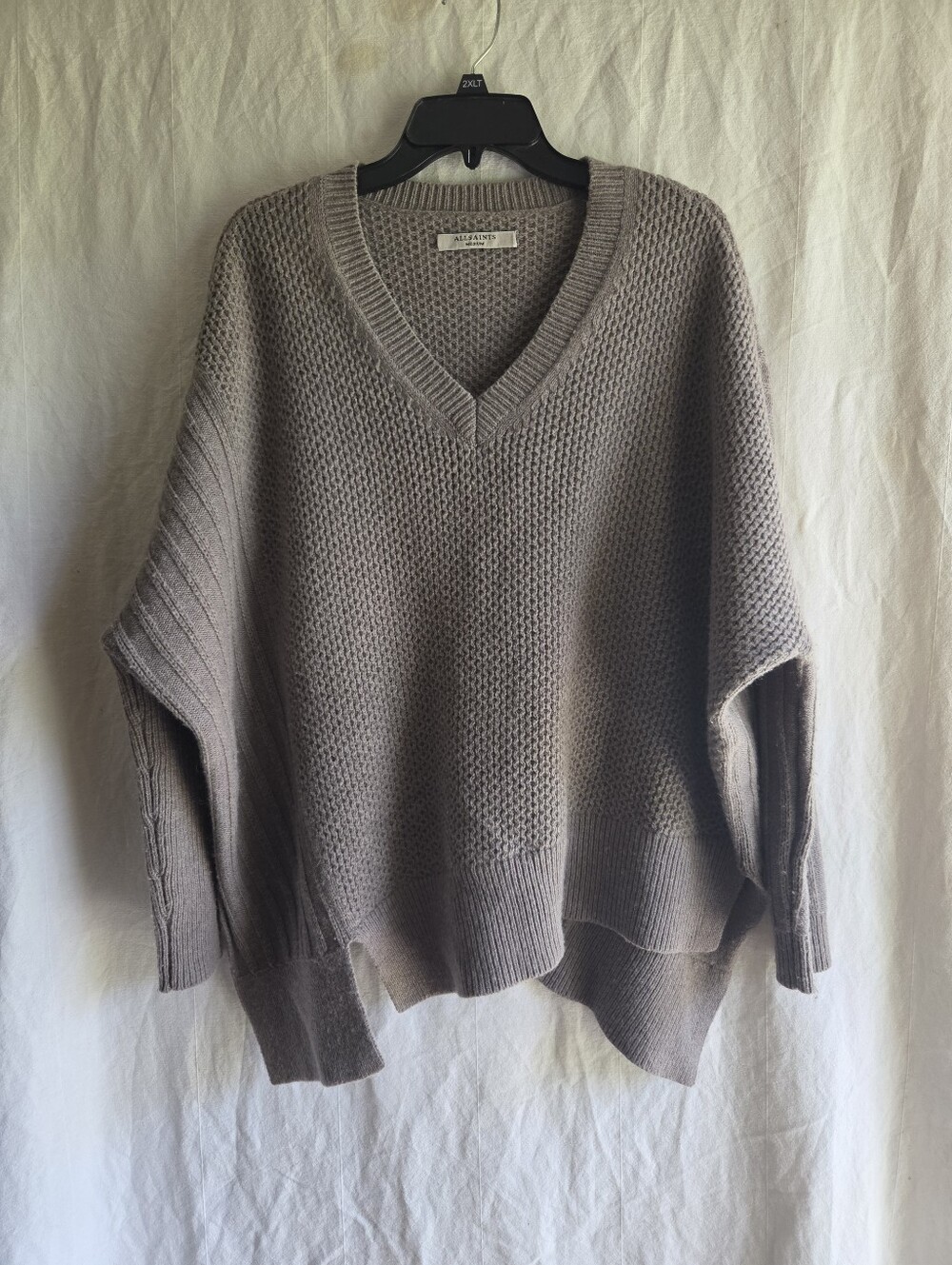 AllSaints Riley Jumper Vneck Sweater Womens M Oversized Asymmetrical Hemline